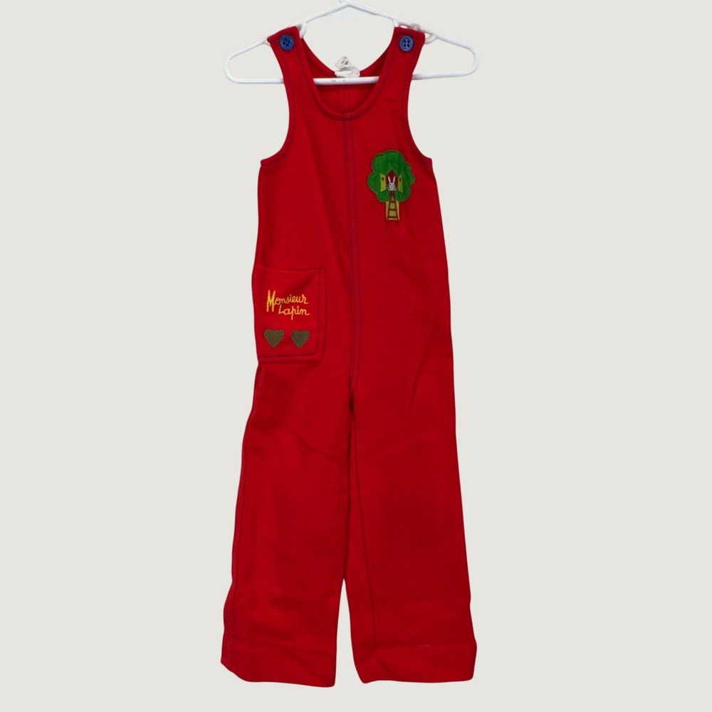 Absorba Vintage Kids Overalls 3T Red Monsieur Lapin French Embroidered Jumpsuit